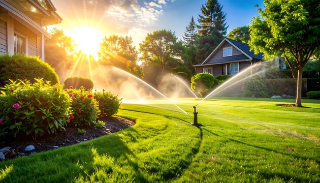 Automatic sprinklers watering a lush green lawn in a residential backyard at golden hour with sun rays.