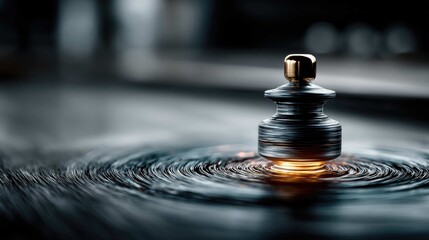 A spinning top, perfectly balanced and glowing, creating concentric rings of light on the surface below it, business momentum and stability concept