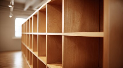 Obraz premium Empty Wooden Shelves in a Bright Room, Storage System, Display Architecture, Minimalist Style