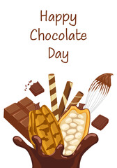 Sweet chocolate composition with cocoa pod, melted glaze, whisk and candy bars. Vector hand drawn illustration for confectionery shop, bakery promotion, packaging and holiday dessert design
