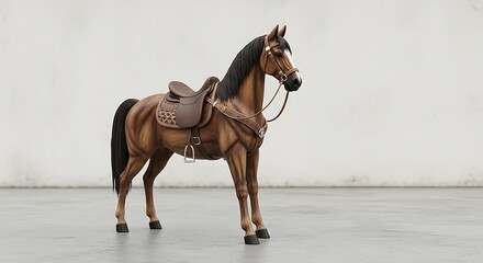A beautiful brown horse with a saddle and bridle standing in a studio.