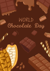 Chocolate poster with cacao fruits, bars, wafer rolls and dripping glaze on dark background. Vector hand drawn illustration for dessert menu design, patisserie branding and sweet advertising