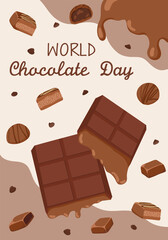 World Chocolate Day poster with dripping glaze, drops, candy and chocolate bars. Vector hand drawn illustration for dessert celebration and confectionery design on light beige background