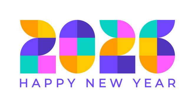 2026 happy new year geometric shape colorful typography text logo design template. Happy New Year 2026 text, use to business template, banners, background, poster, greeting card, and calendar cover.