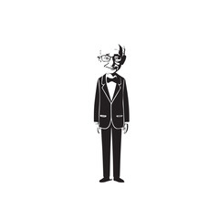 Old man with formal suit black and white vector illustration for classic portrait artwork design