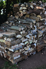 Close-up of freshly cut fire wood stock ready for winter season in the garden