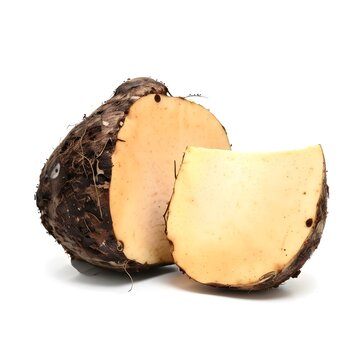 Fresh Elephant Foot Yam (Suran, Amorphophallus paeoniifolius) Cut in Half Isolated on White Background &ndash; Tropical Root Vegetable