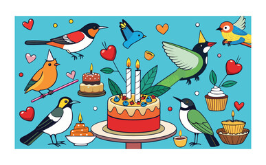 A symbolic doodle scene merging romantic swans, festive ribbons, birthday cake, and glowing candles with wedding doves in a love-filled composition