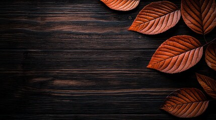 Dark brown wooden surface with a border of rich, reddish-brown autumn leaves, leaving ample space in the center
