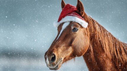 Close-up side profile of a light brown horse wearing a small Santa hat in a snowy field during soft, golden sunset light.