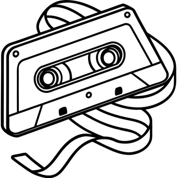 recommend clip art: Retro cassette tape with ribbon line art illustration