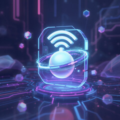 Futuristic glowing holographic wi fi signal symbol emanating from a central sphere in a digital network environment