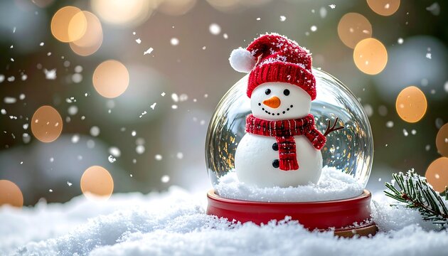 A festive snow globe showcasing a cheerful snowman wearing a red hat & scarf. Snowflakes fall against bokeh lights