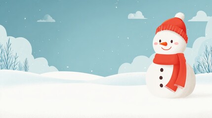 greeting card with cute snowman in hat and scarf waving hand on a winter background. Copy space, space for text