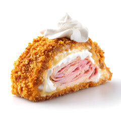 Delicious breaded ham and cheese roll topped with whipped cream, a sweet and savory treat