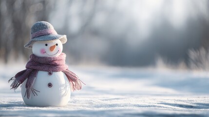 A cute snowman figure with a knitted hat and scarf sitting on fresh snow with falling snow and blurred bright winter background. Copy space, greeting card