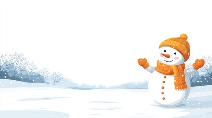 A cheerful snowman wearing a scarf and hat, standing on a cheerful cartoon snowman wearing a yellow knitted hat and scarf in a snowy winter landscape with copy space.