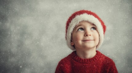 A child in a Santa hat looking up with a smile against a snowy background. Space for text, copy space 