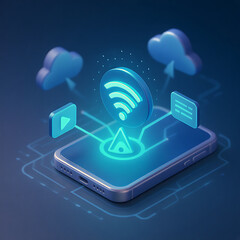 Futuristic smartphone displaying glowing wi fi signal connecting to cloud services and data streams