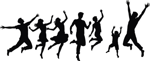 Silhouette of joyful diverse people jumping together, celebrating happiness, friendship, unity, freedom, energy, fun, movement, togetherness, and positive vibes