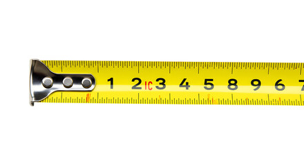 Close up of a yellow metal tape measure with clear black numerical markings isolated on white background