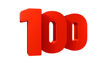 Red shiny 3d number 100 or hundred on a isolated background. 3d illustration. Discount, cashback, anniversary and promotion concept.