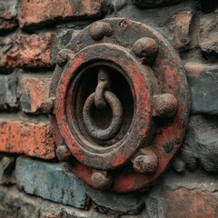Close Up Of An Old Rusty Fire Hydrant Valve Attached To A Brick Wall With A Chain