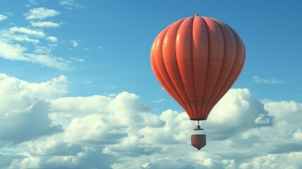 Fototapeta premium Red Hot Air Balloon Floating in Bright Blue Sky with Fluffy Clouds