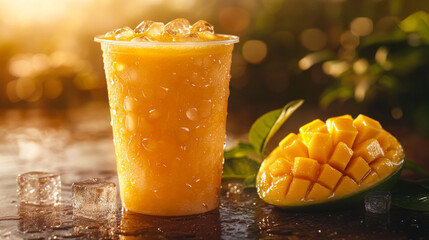 Refreshing mango smoothie served in a clear cup accompanied by fresh mango pieces on a sunny afternoon