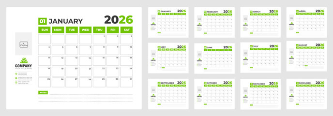 2026 business Calendar. corporate Monthly pages Planner Calendar Templates 2026 set. wall or desk simple 2026 Planner Calendar bundle with week start on Sunday. Set of 12 Month Wall quarterly calendar