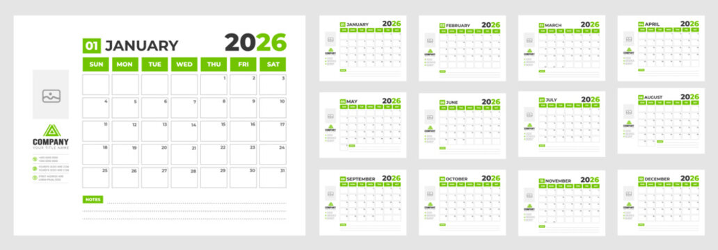 2026 business Calendar. corporate Monthly pages Planner Calendar Templates 2026 set. wall or desk simple 2026 Planner Calendar bundle with week start on Sunday. Set of 12 Month Wall quarterly calendar