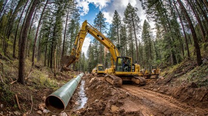 Excavator Laying Pipeline Through Forest: Infrastructure Project, Construction Equipment and Natural Environment Integration
