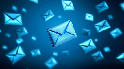 Digital envelopes floating in a blue background representing online communication and technology