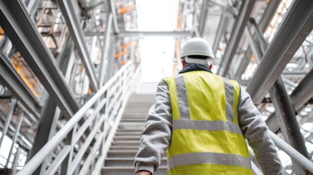 Construction Worker Ascending Stairs at Industrial Site Wearing Safety Gear and Personal Protective Equipment