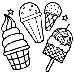 Black and white line art of ice cream cones and popsicles