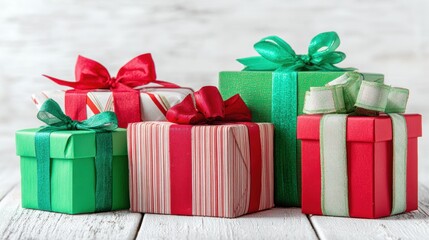 Five colorful Christmas gift boxes wrapped in red, white, and green with bows on a rustic white wooden background.