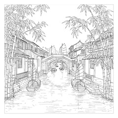Obraz premium Ancient Chinese Village with Bridge – Line Art Black and White Illustration
