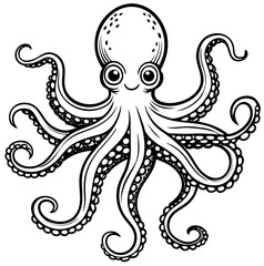 Black and white octopus with spread tentacles illustration for banners and advertisements