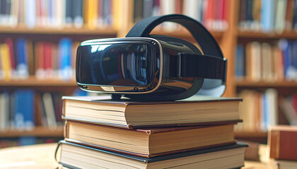 VR Headset and Books in Library: A VR headset rests atop a stack of antique books in a classic library, highlighting the fusion of old and new learning, in a visually appealing, realistic shot.