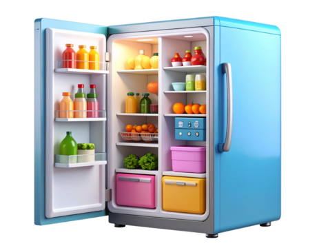 Cartoon 3D Smart Refrigerator Icon with Glossy Minimal Emoji Style, Floating Perspective, Isolated PNG”