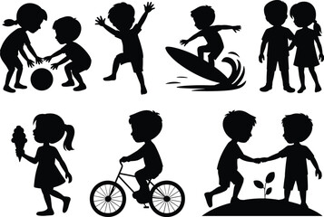 Silhouette of children playing, biking, surfing, eating ice cream, teamwork and outdoor fun, childhood activity vector illustration design