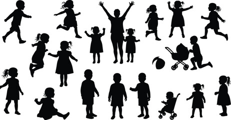 Silhouette Vector Collection of Active Children Playing, Running, Walking, and Jumping with Toys and Parents on White Background