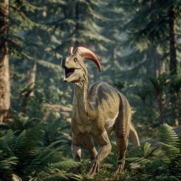 Realistic Parasaurolophus dinosaur roaring in a prehistoric jungle