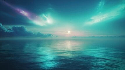 Tranquil seascape with calm blue ocean water reflecting pink and purple sunset clouds, sunlight creating shimmering reflections on gentle waves, dreamy atmospheric horizon.