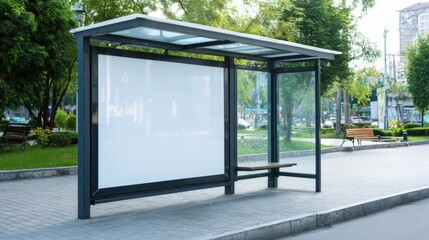 Fototapeta premium Urban bus stop shelter with blank billboard space for advertising and marketing campaigns in a cityscape