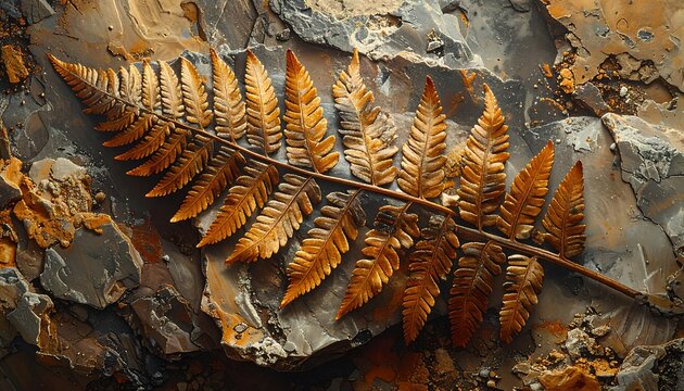 A detailed close-up of a golden-hued fern leaf resting atop a textured surface of fragmented rocks, showcasing intricate leaf details and a muted color palette.