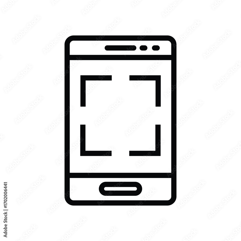 Poster a black and white line drawing of a mobile phone displaying a bracketshaped viewfinder. editable str