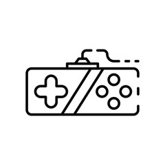 A black line drawing of a rectangular game controller with a directional pad buttons and a joystick connected by a wired cord. Editable stroke icon