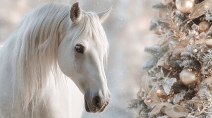 Close-up side profile portrait of a white horse next to a beautifully decorated Christmas tree with gold and white ornaments, with falling snow.