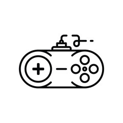 A black line drawing of a video game controller with a plus sign buttons and a connected cable. Editable stroke icon